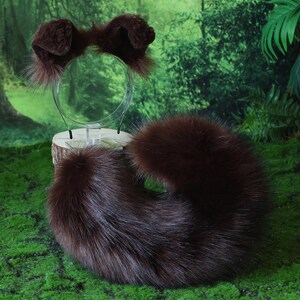 Fuskpäls mörkbrun herdehund svans och öron set Shiba Inu hund öron och svans pälsklädd anime cosplay Therian valp öron svans valp kemonomimi bild 4