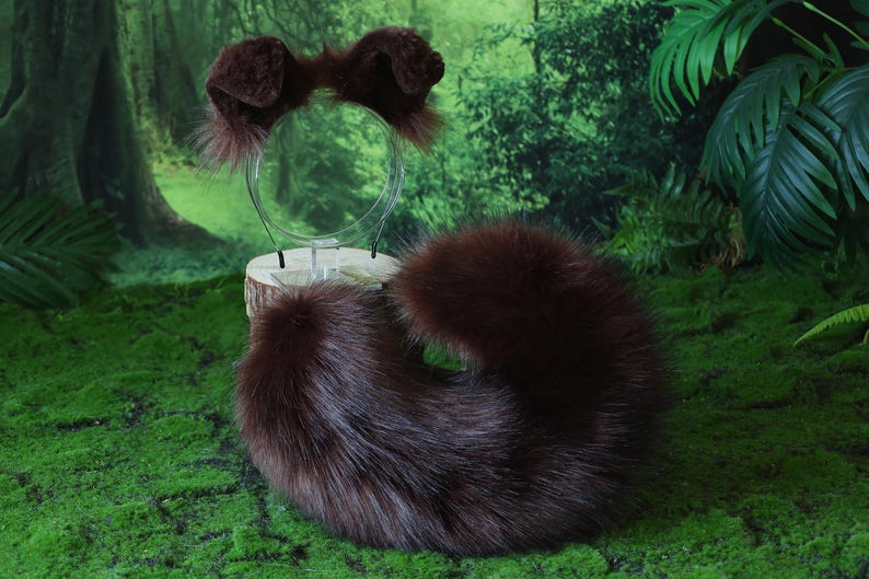 Fuskpäls mörkbrun herdehund svans och öron set Shiba Inu hund öron och svans pälsklädd anime cosplay Therian valp öron svans valp kemonomimi bild 4