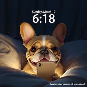 Puppy Custom Iphone Wallpaper, A bulldog looking at a cellphone Tablet Wallpaper, iPad Wallpaper, Cat And Dog iPhone Background Wallpaper