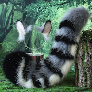Faux fur tabby cat ears and tail gray black stripe kitten tail and ears lynx cat tail and ears therian anime cosplay tabby cat kemonomimi