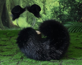Faux fur black shepherd dog tail and ear Shiba Inu dog ear and tail furry anime cosplay therian puppy ear and tail puppy kemonomimi dog girl