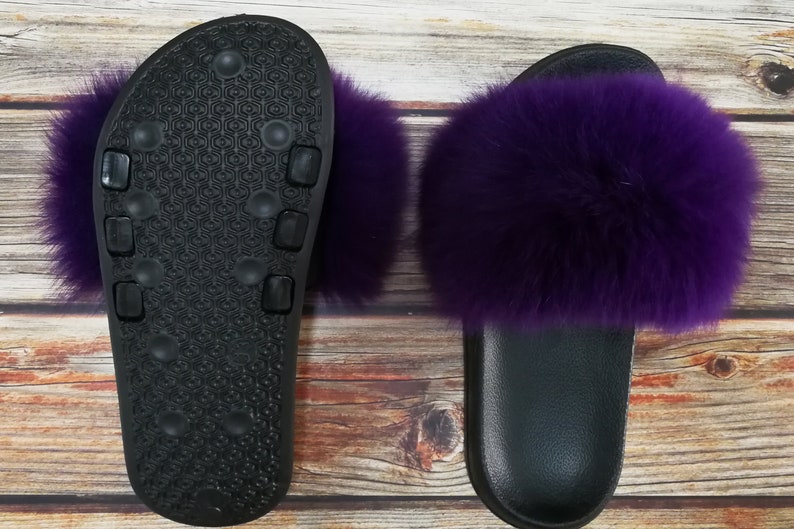 Purple Real Fur Slides Sandals Furry Slides for Women Fluffy Etsy