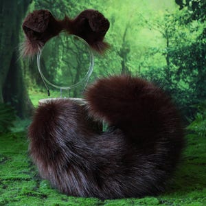 Fuskpäls mörkbrun herdehund svans och öron set Shiba Inu hund öron och svans pälsklädd anime cosplay Therian valp öron svans valp kemonomimi bild 3