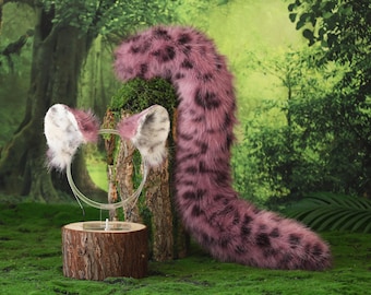 Faux fur snow leopard ear and tail set role play snow leopard cosplay ear and tail therian spotted leopard kemonomimi christmas gift furry