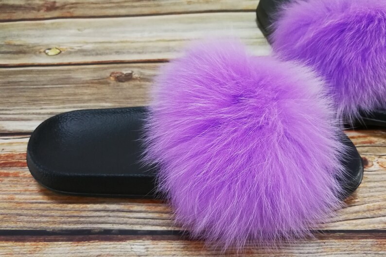 Purple Furry Slides for Women Real Fur Slides Sandals Fluffy Etsy
