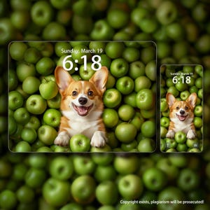 Corgi dog among apples, Custom Puppy Iphone Wallpaper, Cute Dog Phone Wallpaper, iPad Wallpaper, Cat Wallpaper, Pet Smartphone Wallpaper