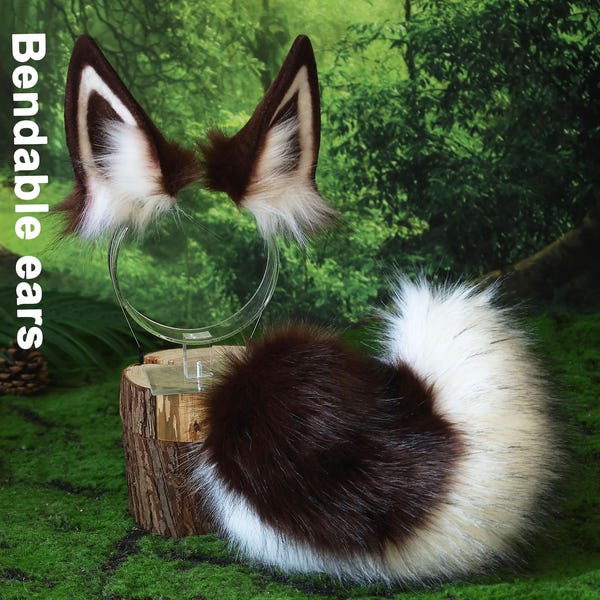 Faux fur shepherd dog tail and ear set brown white Shiba Inu dog ear and tail anime cosplay therian puppy ear tail puppy girl kemonomimi