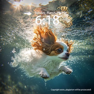 Custom Pet wallpaper for iPad, iPhone, and Desktop, Personalized Unique Background, Phone theme, A Papillon Dog Swimming Underwater