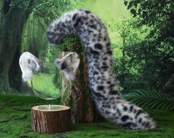 Faux fur snow leopard ear and tail set role play snow leopard cosplay ear and tail therian spotted leopard kemonomimi christmas gift furry