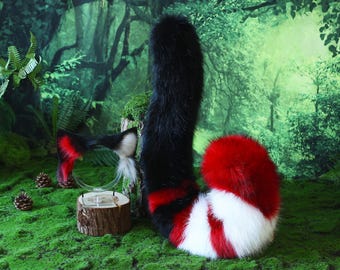 Realistische rot schwarze Kunstpelz Katzenohren und Schwanz Kätzchen Ohren und Schwanz Anime Cosplay Petplay Ohr Schwanz Kätzchen kemonomimi Katze Therian