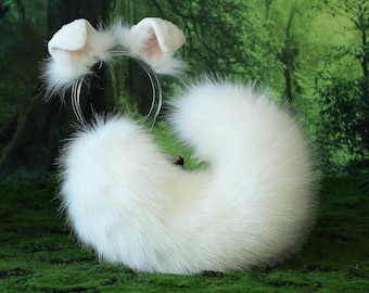 Faux fur white shepherd dog tail and ear set Shiba Inu dog ear and tail furry anime cosplay therian puppy ear and tail puppy kemonomimi gift