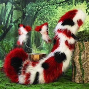 Faux fur calico cat tail and ear kitten kemonomimi anime cosplay therian red black white cat ear and tail cat therian kitten halloween gift