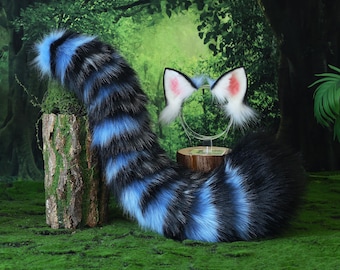 Derpy tiger ear and tail blue black white stripes derpy tiger tail and ear kpop demon hunters cosplay ears and tail derpy tiger kemonomimi