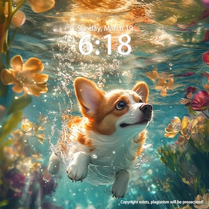 Custom Pet wallpaper for iPad, iPhone, and Desktop, Personalized Unique Background, Phone theme, A cute corgi dog swimming