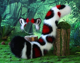 Faux fur snow leopard ear and tail set role play snow leopard cosplay ear and tail therian leopard kemonomimi christmas gift furry tail ear