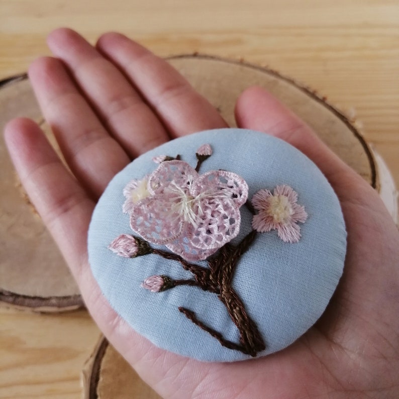 Hand embroidered designer brooch Sakura flower Miniature botanical embroidered picture