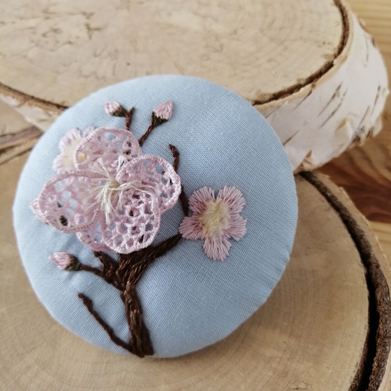 Hand embroidered designer brooch Sakura flower Miniature botanical embroidered picture