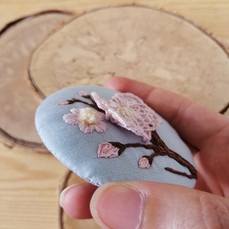 Hand embroidered designer brooch Sakura flower Miniature botanical embroidered picture