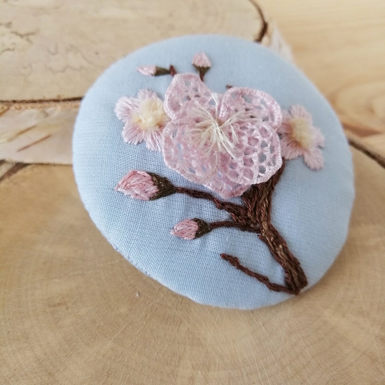 Hand embroidered designer brooch Sakura flower Miniature botanical embroidered picture