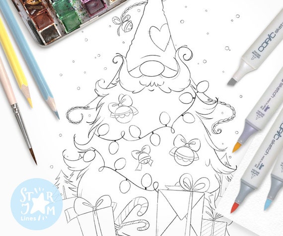 Christmas Gnome Digi Stamp Nordic Lights Decor Tree Coloring Page Digital Art Xmas Garland Holiday Cute Winter Snow Beard