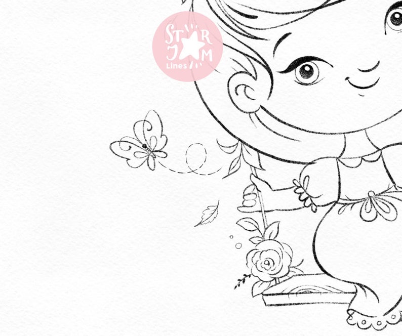 Girl On The Swings. Digi Stamp Coloring Page Digital Art | Etsy