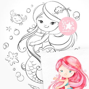 Petite Sirene Digi Stamp Coloriage Art Numerique Mer Etsy France