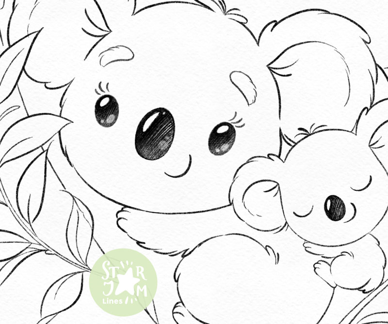 Koala Mother & Baby. Digi Stamp Coloring Page Digital Art | Etsy