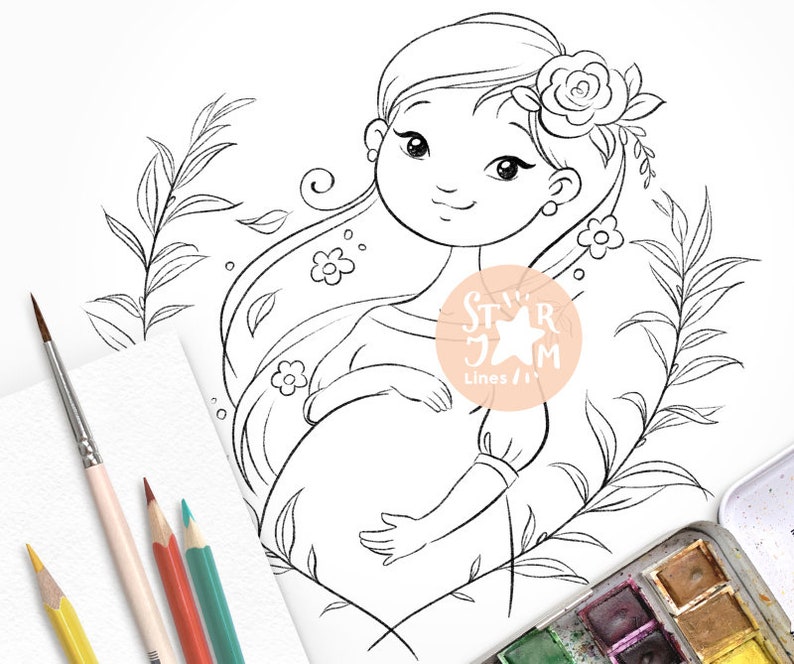 Fille Enceinte Digi Stamp Coloriage Art Numerique Bebe Etsy