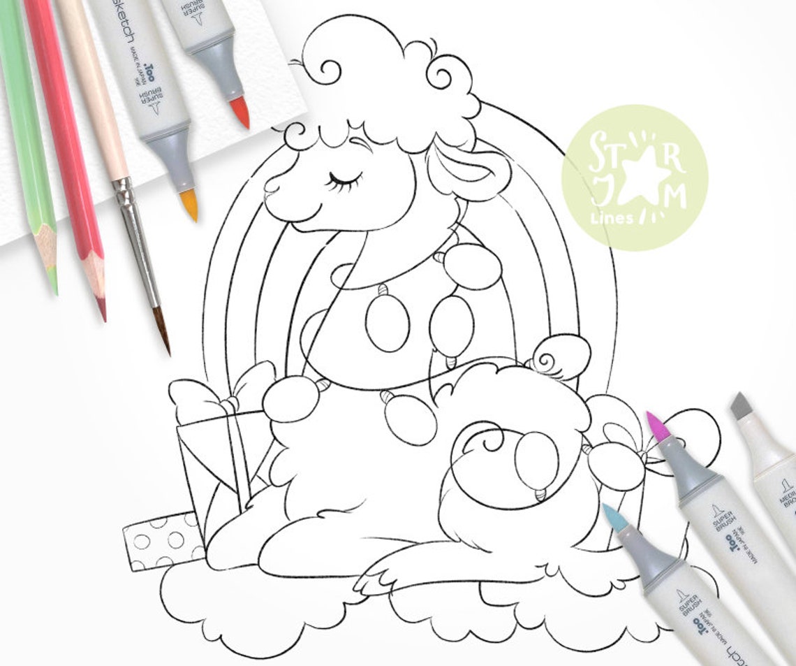 Christmas Llama. Digi Stamp Lights Garland Coloring Page | Etsy