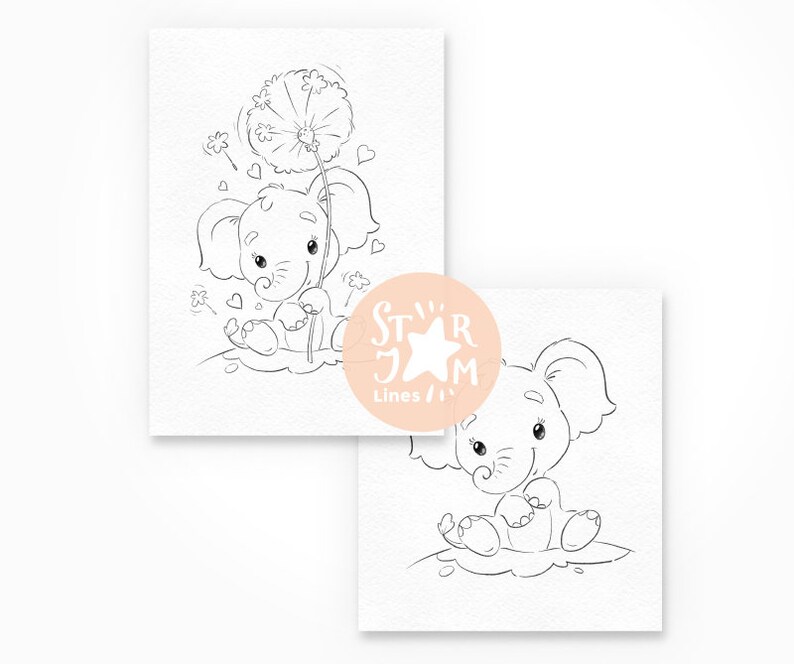 Little Elephant with dandelion. Digi Stamp Coloring Page | Etsy