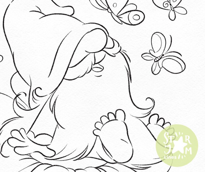 Gnome sits on a Flower. Digi Stamp Nordic Coloring Page | Etsy