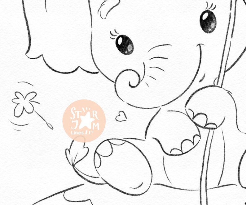 Download Little Elephant with dandelion. Digi Stamp Coloring Page ...