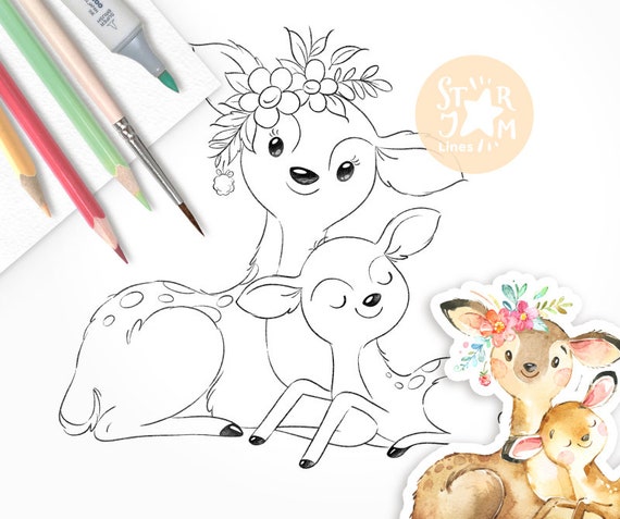 Deers Mother Baby Digi Stamp Coloring Page Digital Art Etsy