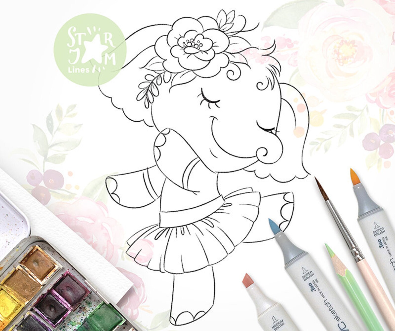 Kleine Olifant dansen. Digi Stempel Ballet Kleurplaat Etsy