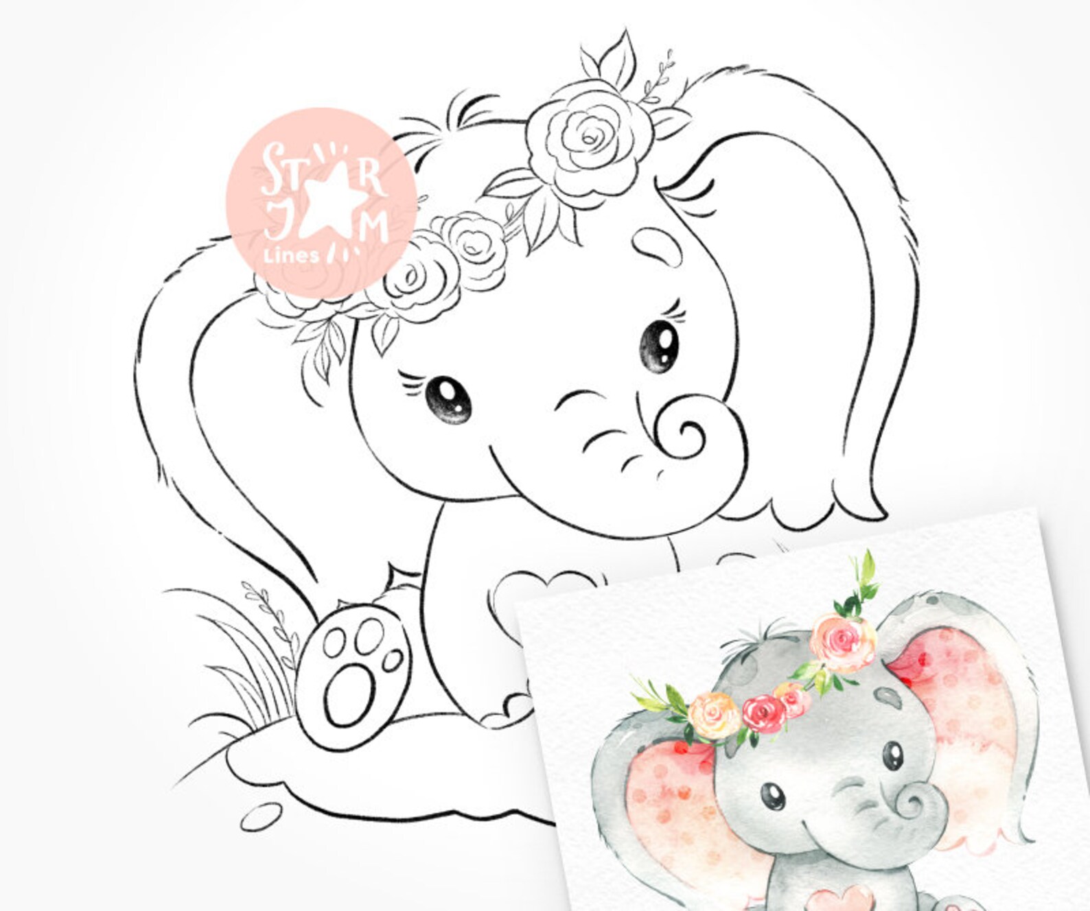 Kleine olifant. Digi Stamp Kleurplaat digitale kunst baby Etsy
