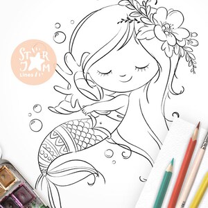 Little Mermaid Digi Stamp Coloring Page Digital Art Sea Etsy