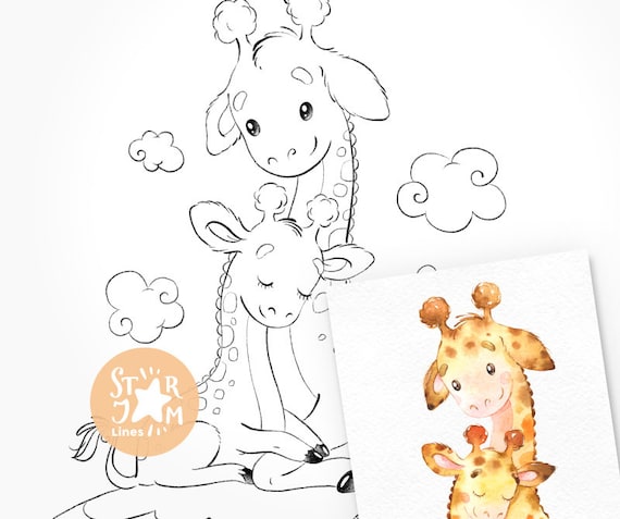 Mother Baby Giraffe Digi Stamp Coloring Page Digital Art Etsy