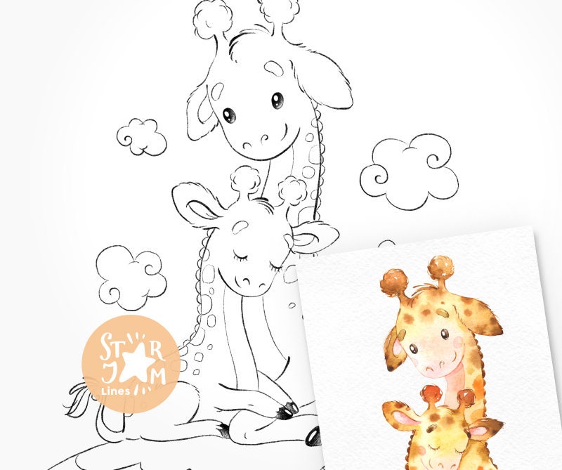 Mother Baby Giraffe Digi Stamp Coloring Page Digital Art Etsy
