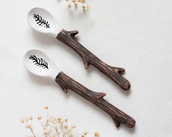 Set of 2 spoons, Ceramic spoon with plants, Coffee spoon, Tea spoon with twigs, White tea spoon, Sugar spoon, Clay spoon, Spice spoon