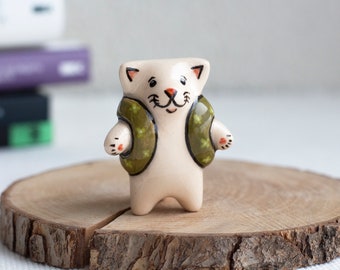 Ceramic Cat Sculpture, Ceramic Small figurine, Сeramic miniature, Beige cat with backpack