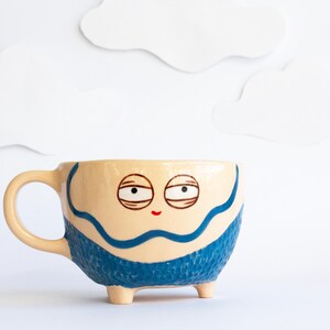 Hand-Painted Ceramic Mug: Unique Cloud Design, Stoneware Tea Cup
