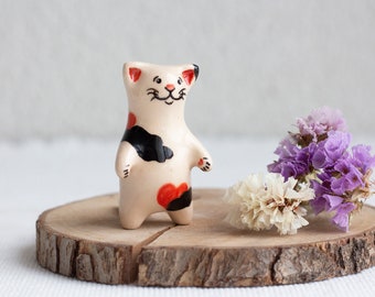 Ceramic Cat Sculpture, Small figurine, Сeramic miniature, Beige cat with red and black spots