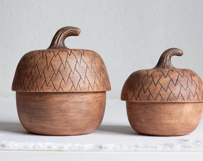 Set of 2 Ceramic Acorn Jars,  Pottery Sugar Bowl & Salt Cellar,  Handmade Storage Jars Large and Small, Nut Spice Berry Jar