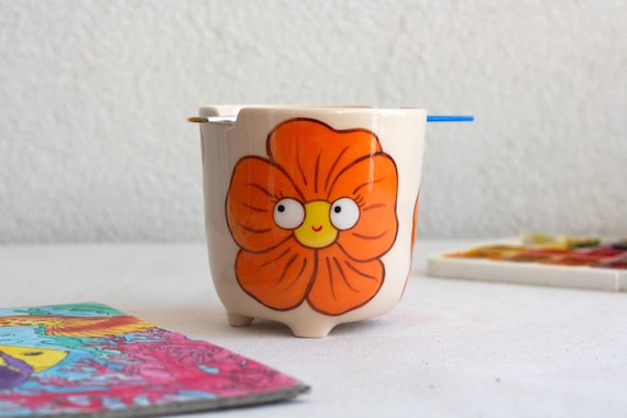 Ceramic Paint Brush Holder with Flowers, Watercolor Water Cup, Artist Desk Organizer, Botanical Pottery Pencil Holder, Illustrator Gift
