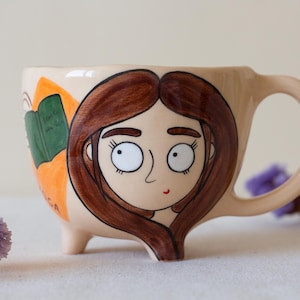 Ceramic cup with girl, Clay tea cup, Yoga lovers cup, Unique Pottery Mug, Coffee mug, Сharacter cup, Beige cup, Cup with girl, Birthday gift