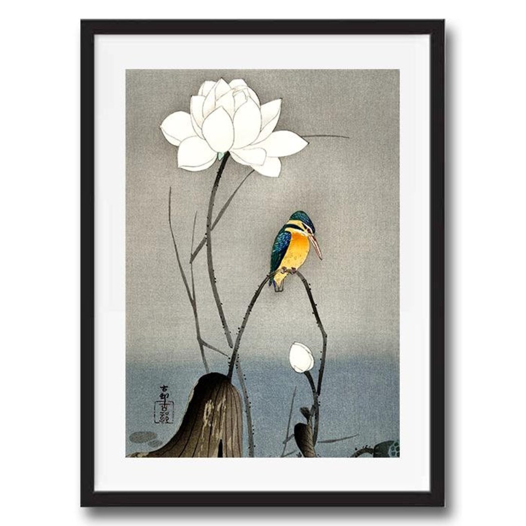 Kingfisher Lotus Flower Retro Vintage Japanese Wall Art Print - Etsy