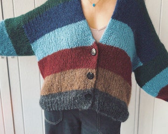 100% hand knit cardigan, striped multicolor sweater, lightweight alpaca pullover, oversized mohair silk knitwear, Loose fit slouchy sweater