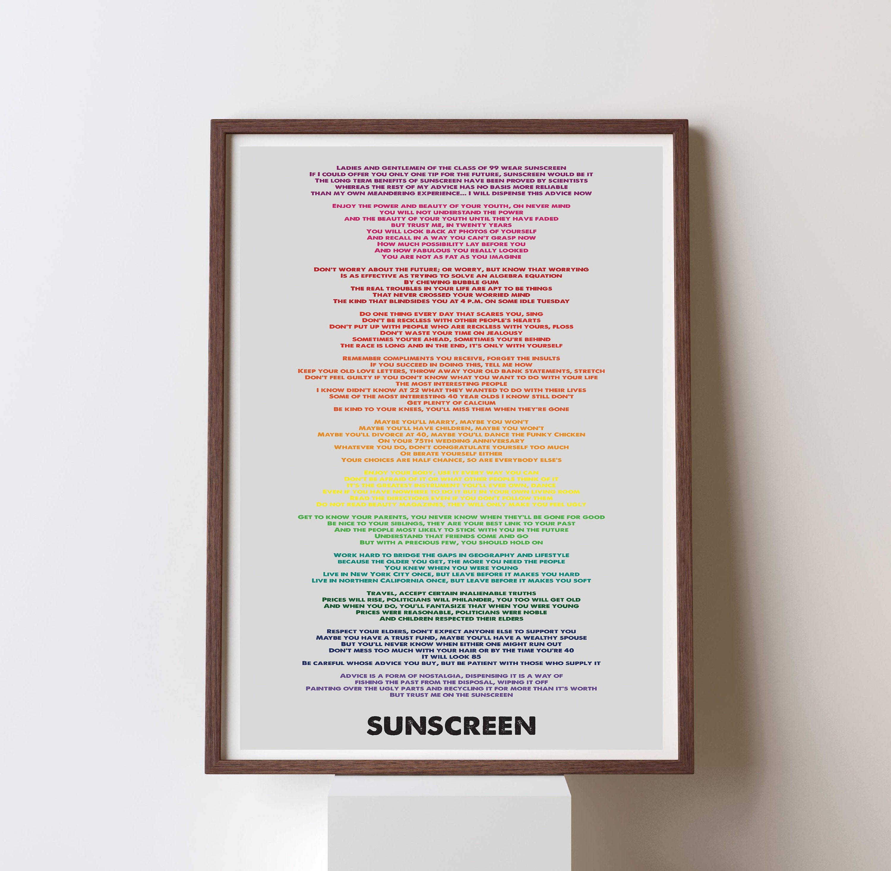 Sunscreen Baz Luhrmann Quote Art Print Unique Literary Etsy