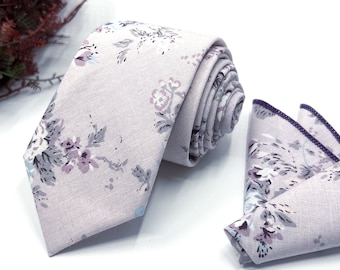 Floral Lilac Neck Ties / Lilac Neck Ties / Mens Necktie / Groomsmen Necktie / Pocket Square Set / Neck Tie For Men/ Neck Tie