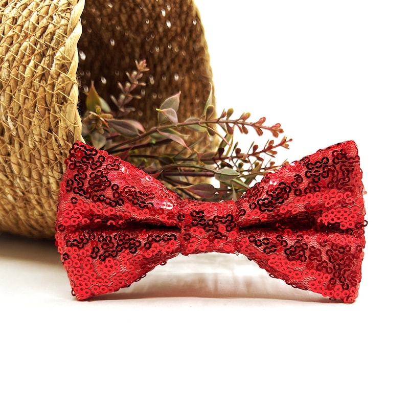 Sparkly Bow Tie Sequin Fabric Rhinestone sequin Bowtie Red ~ Silver main image 1